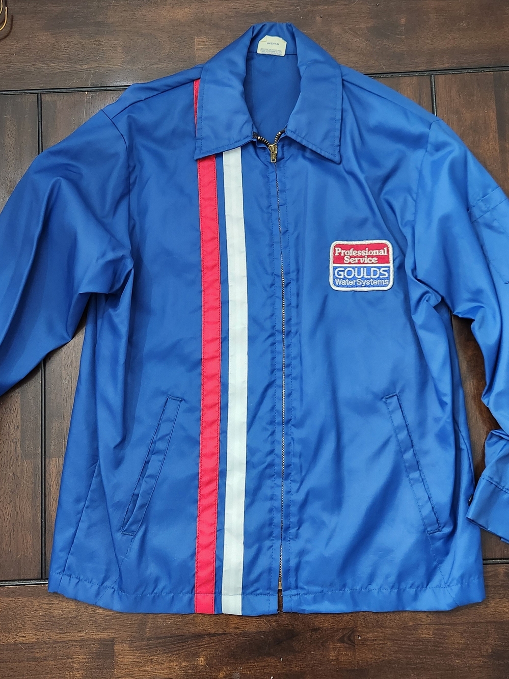 Goulds Water Systems Blue Zip-Front Work Jacket with Red & White Stripes